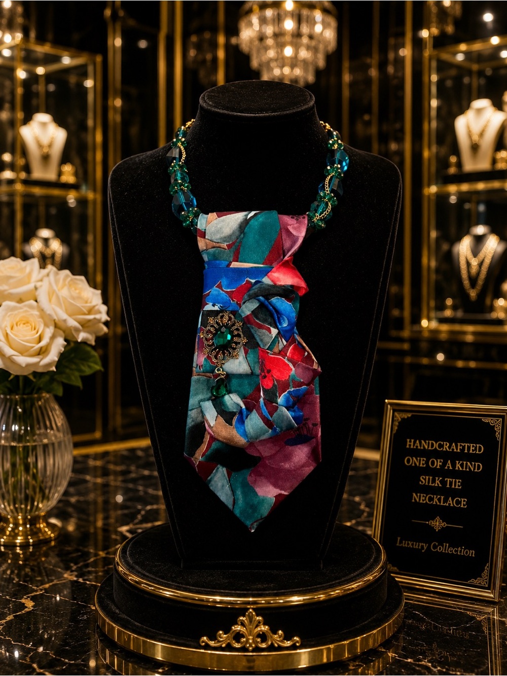 Handcrafted Multicolor 100% Silk Tie Necklace Teal One of a Kind Art Piece